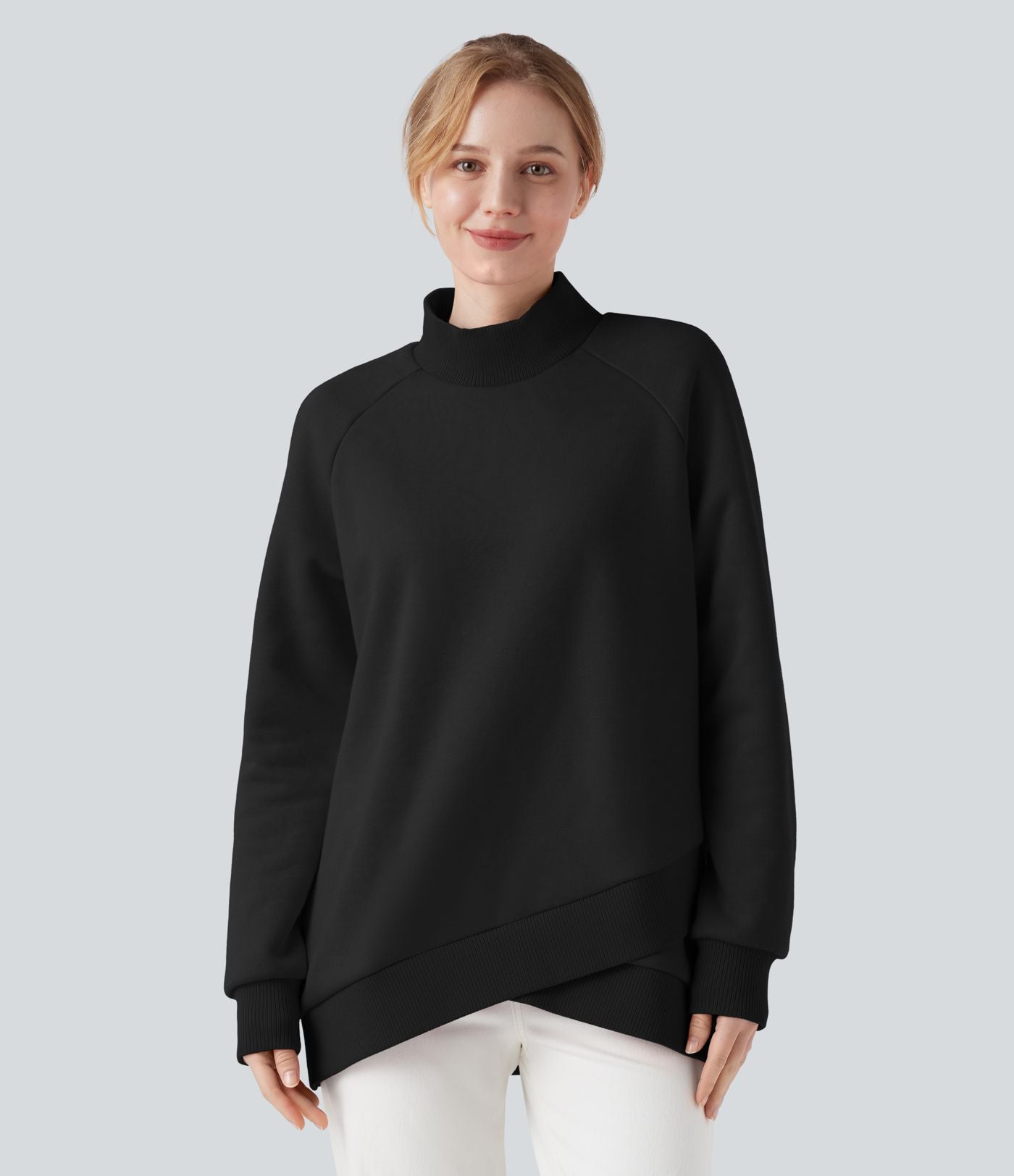 Sweat décontracté polaire col montant à manches raglan et ourlet croisé