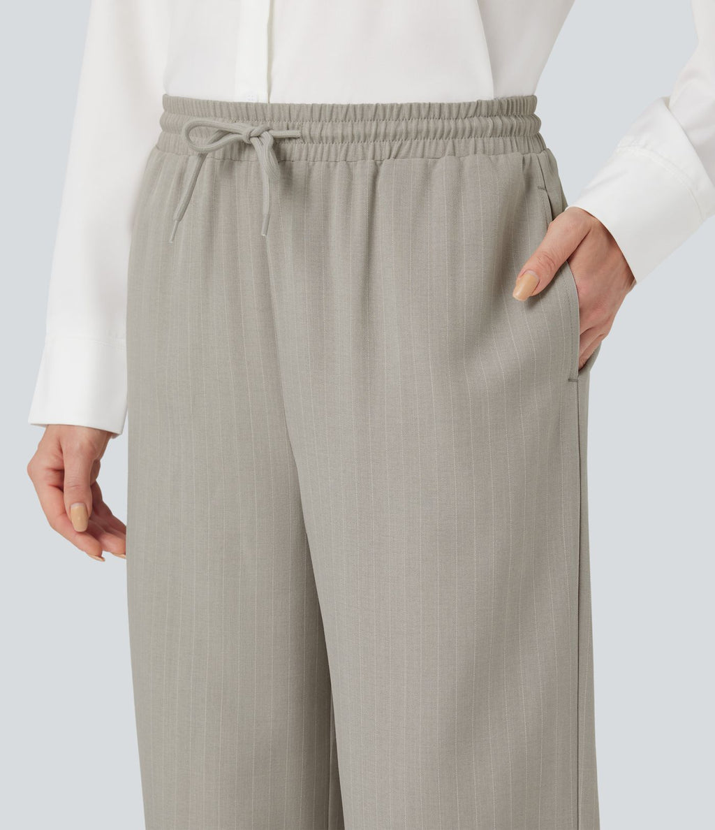 Pantalon décontracté large rayé taille haute avec cordon et poches