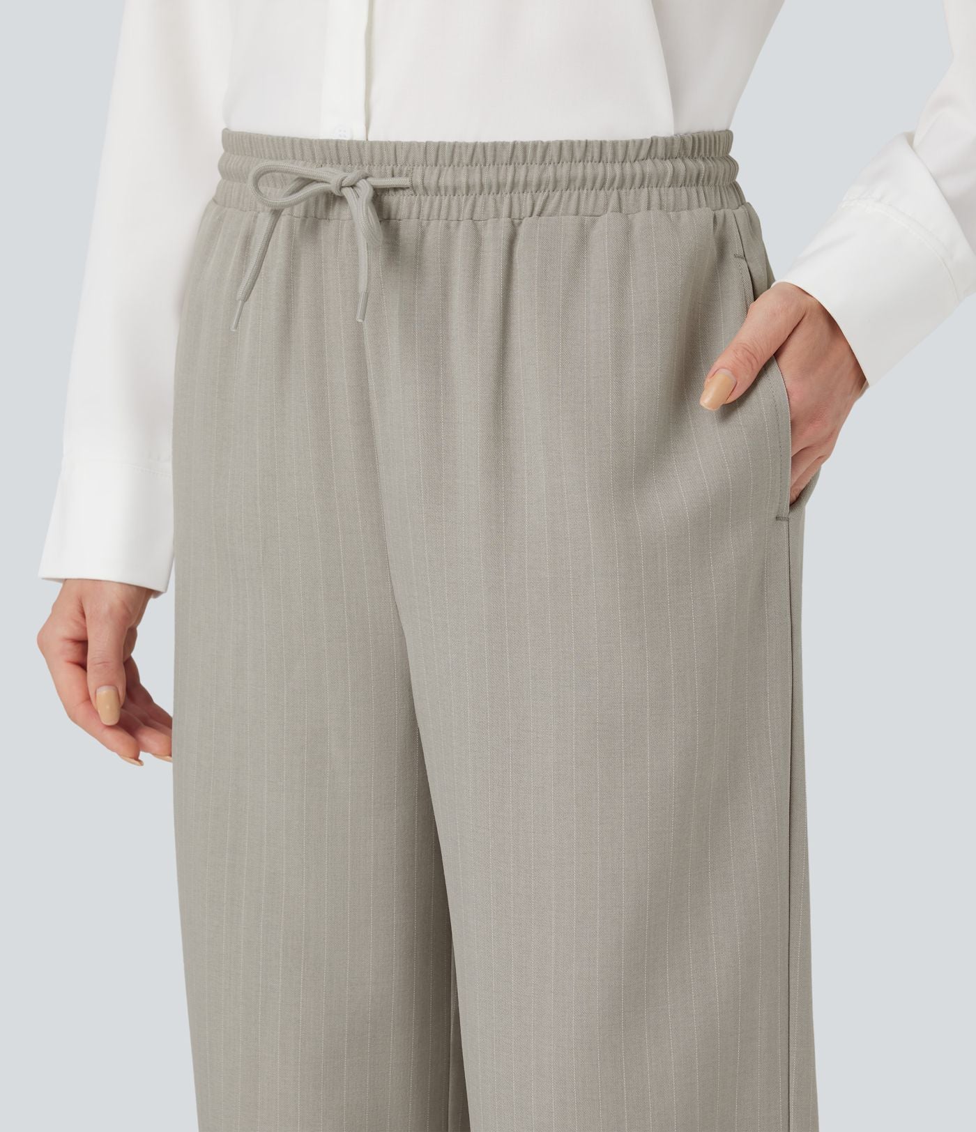 Pantalon décontracté large rayé taille haute avec cordon et poches