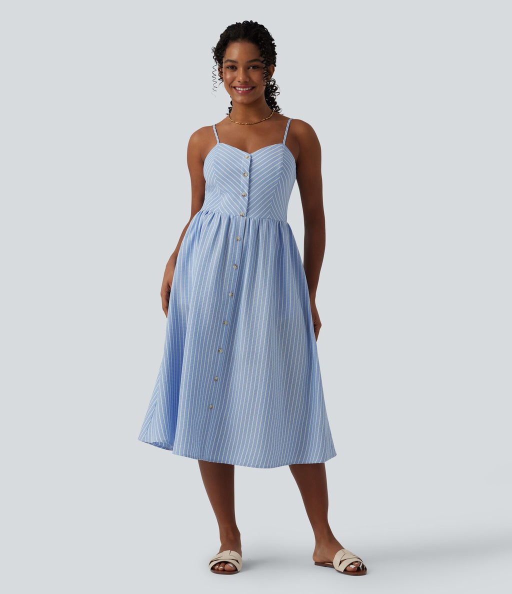 Robe midi bretelles à rayures froncée avec poches