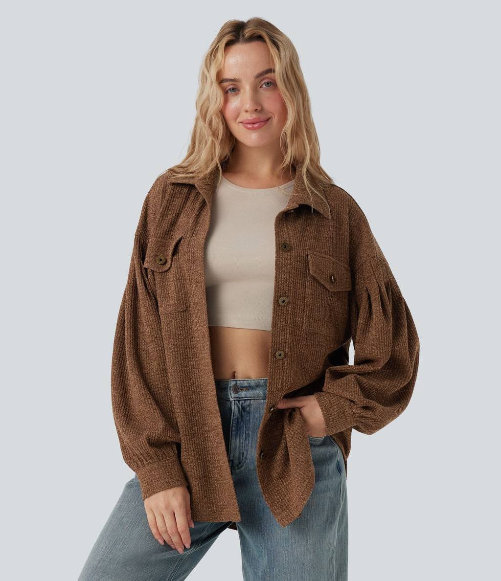 Veste décontractée maille gaufré manches longues ourlet arrondi avec poches
