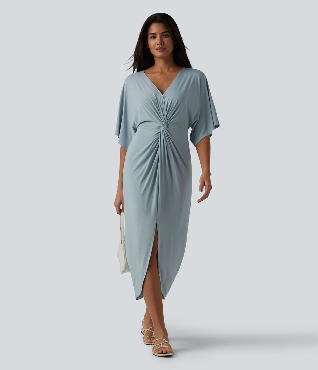 Robe midi col V manches chauve-souris ourlet tulipe torsadé