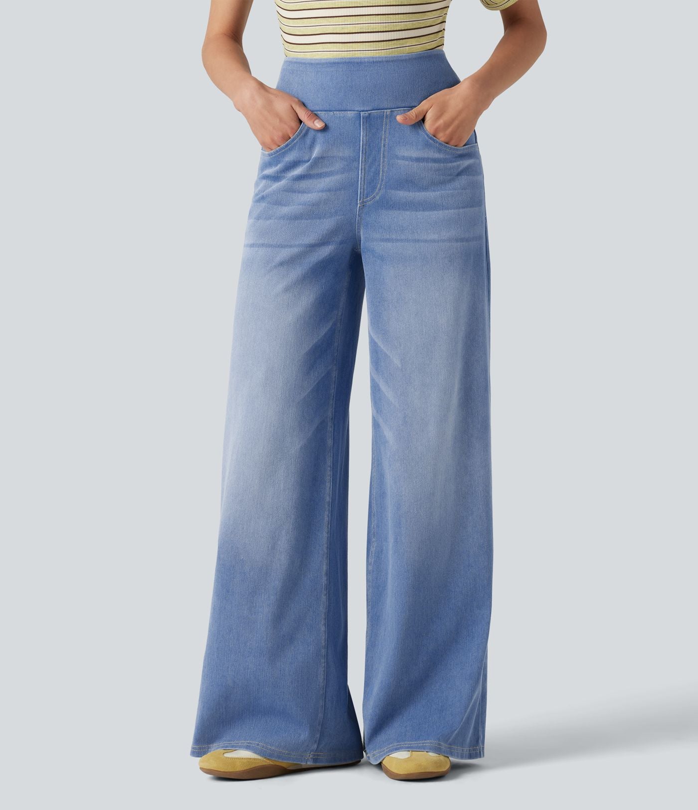 Jean décontracté Halara Flex™ large taille haute effet délavé avec poches