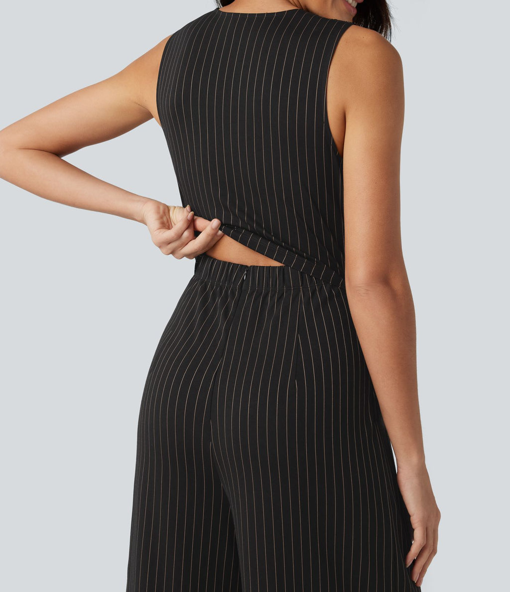 Combinaison tailleur col V sans manches à rayures et fronces avec poches - Easy Peasy