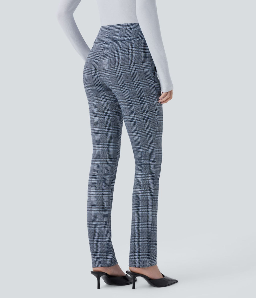 Halara Flex™ Pantalon tailleur Cintrés à Taille Haute avec Boutons Décoratifs Poches Latérales et Imprimé Pied-de-Poule