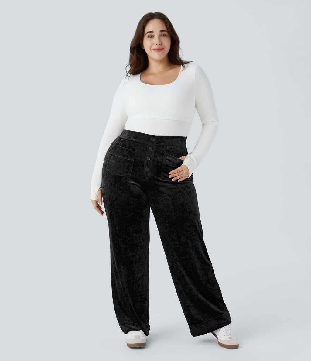 Pantalon décontracté grande taille en velours taille haute à boutons avec poches multiples et jambes droites