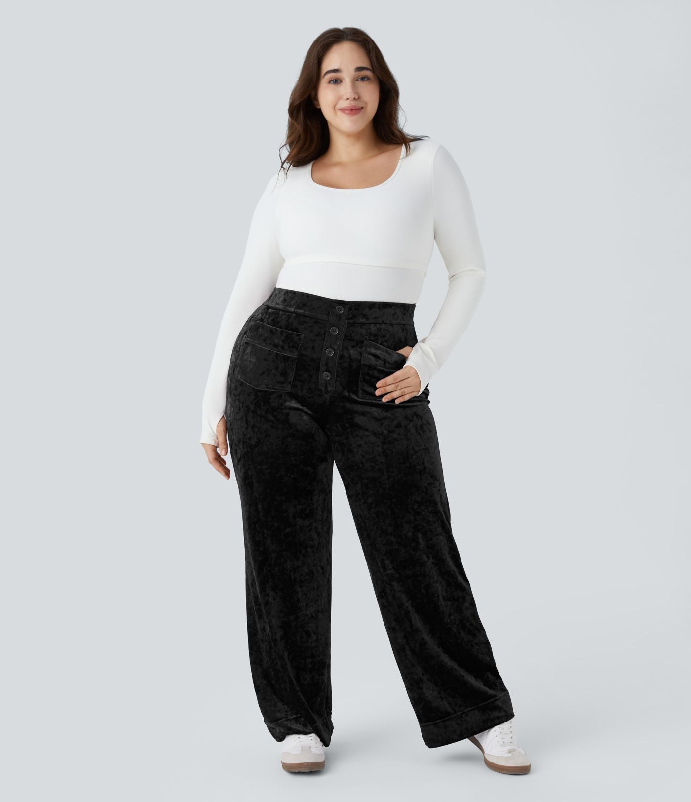 Pantalon décontracté grande taille en velours taille haute à boutons avec poches multiples et jambes droites