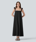 Robe casual fluide midi sans manches col carré avec bordure à volants et poches