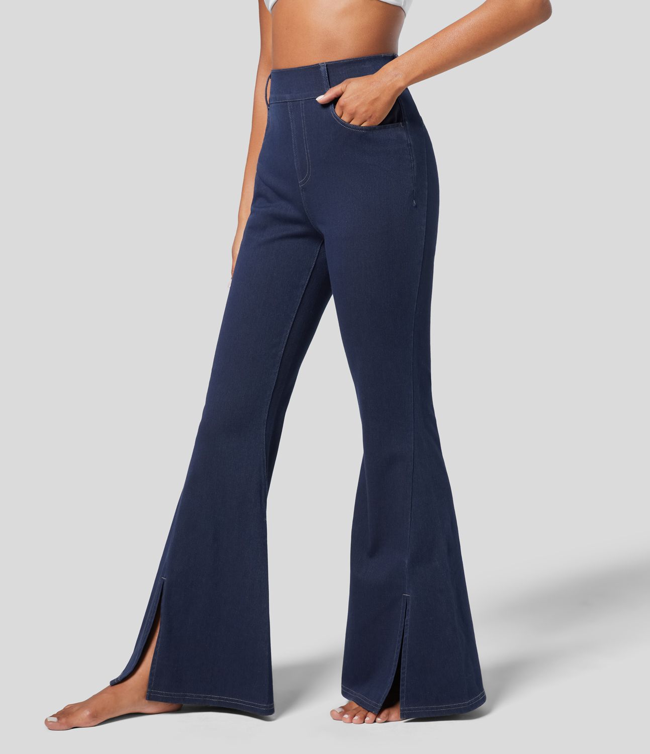 Halara Flex™ Jean Évasé Causal Tricot Extensible Taille Haute avec Poches Latérales Ourlet Fendu
