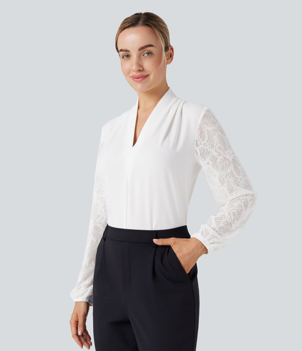 Blouse col V manches longues dentelle contrastante