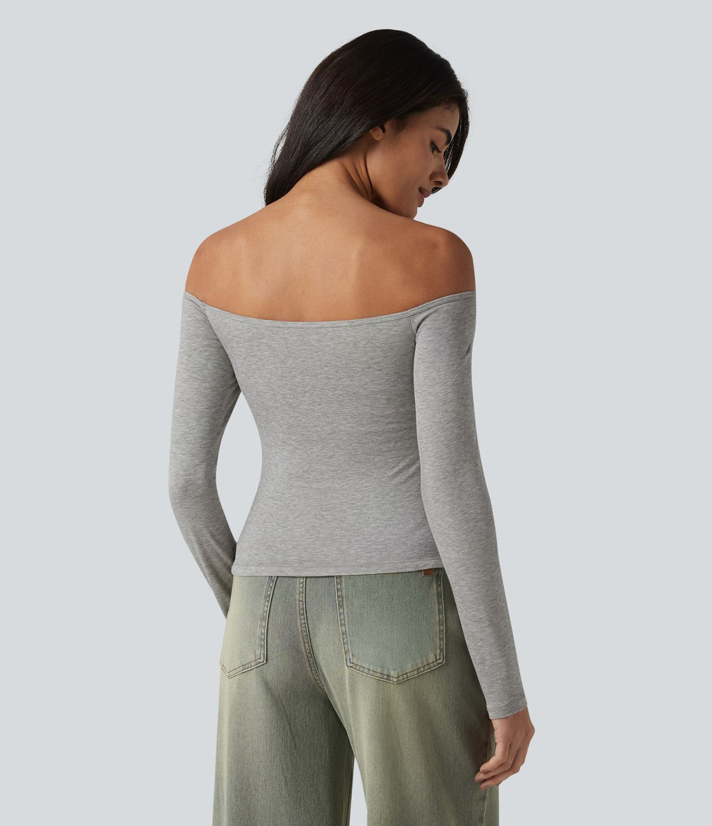 T-shirt casual ultra-ajusté côtelé épaules dénudées à manches longues avec soutien-gorge intégré