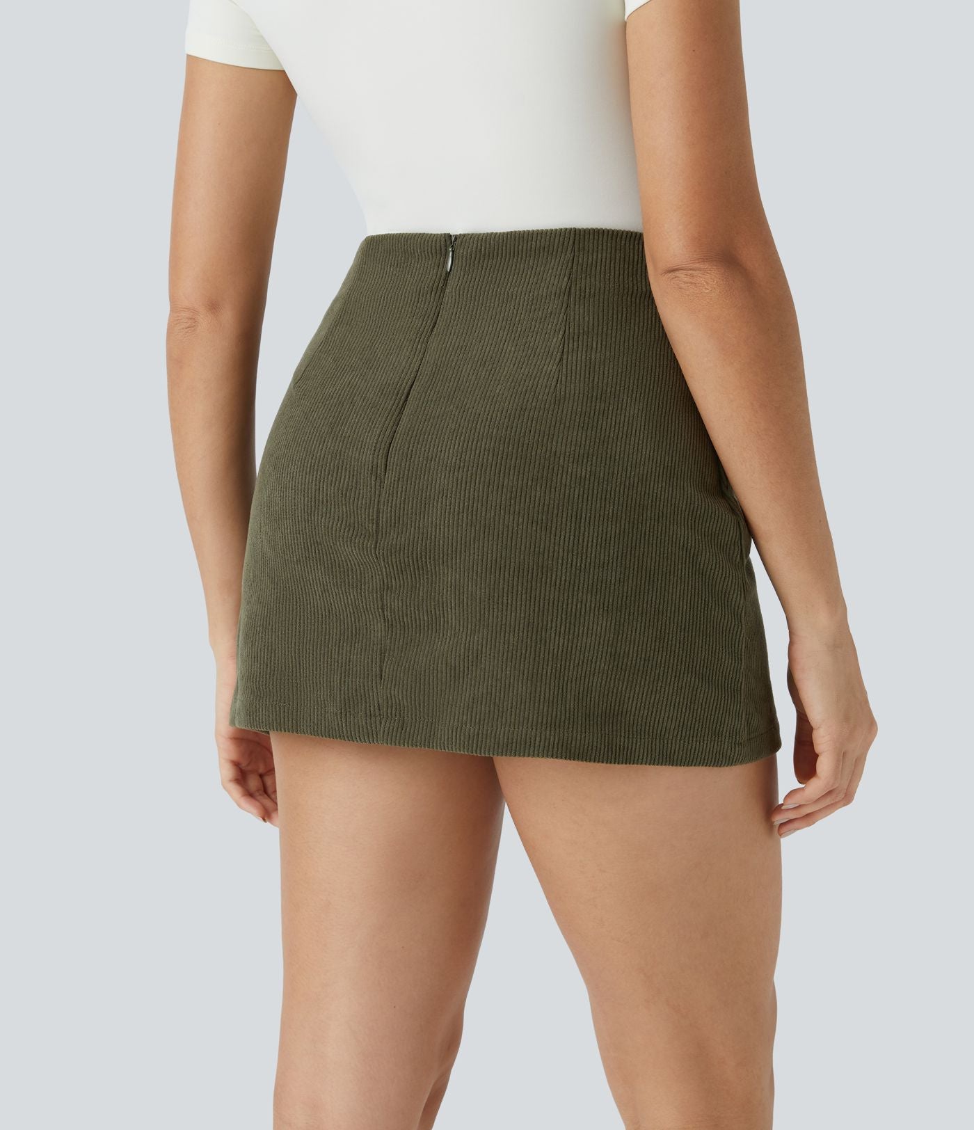 Mini-Jupe Casual en Velours Côtelé 2 en 1 Fermeture Éclair Invisible Taille Haute