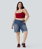 Short bermuda casual denim grande taille Halara Flex™ tricot extensible délavé taille haute multiples poches ourlet roulotté