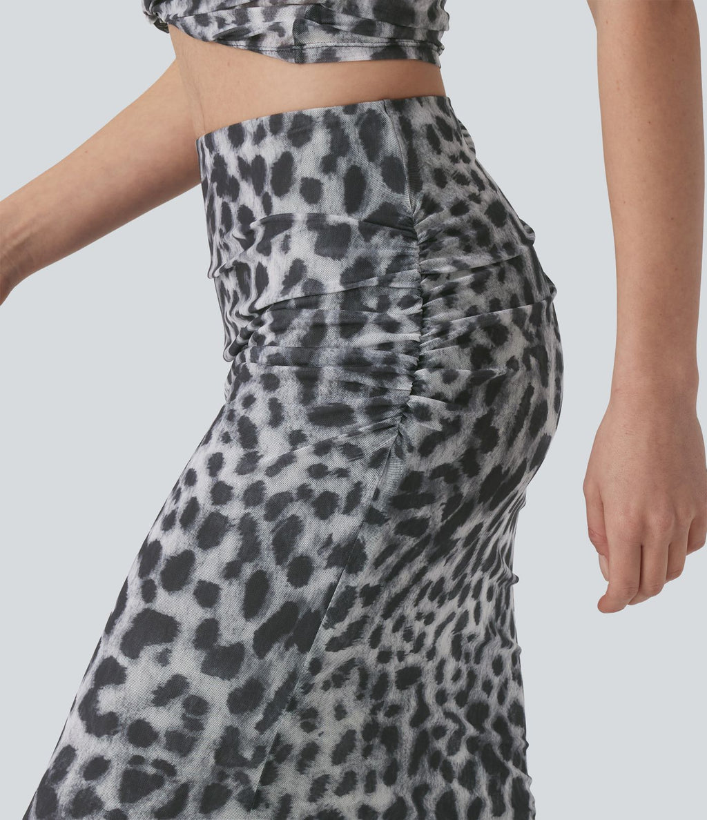 Jupe longue sirène de soirée mesh imprimé léopard avec fronces taille mi-haute