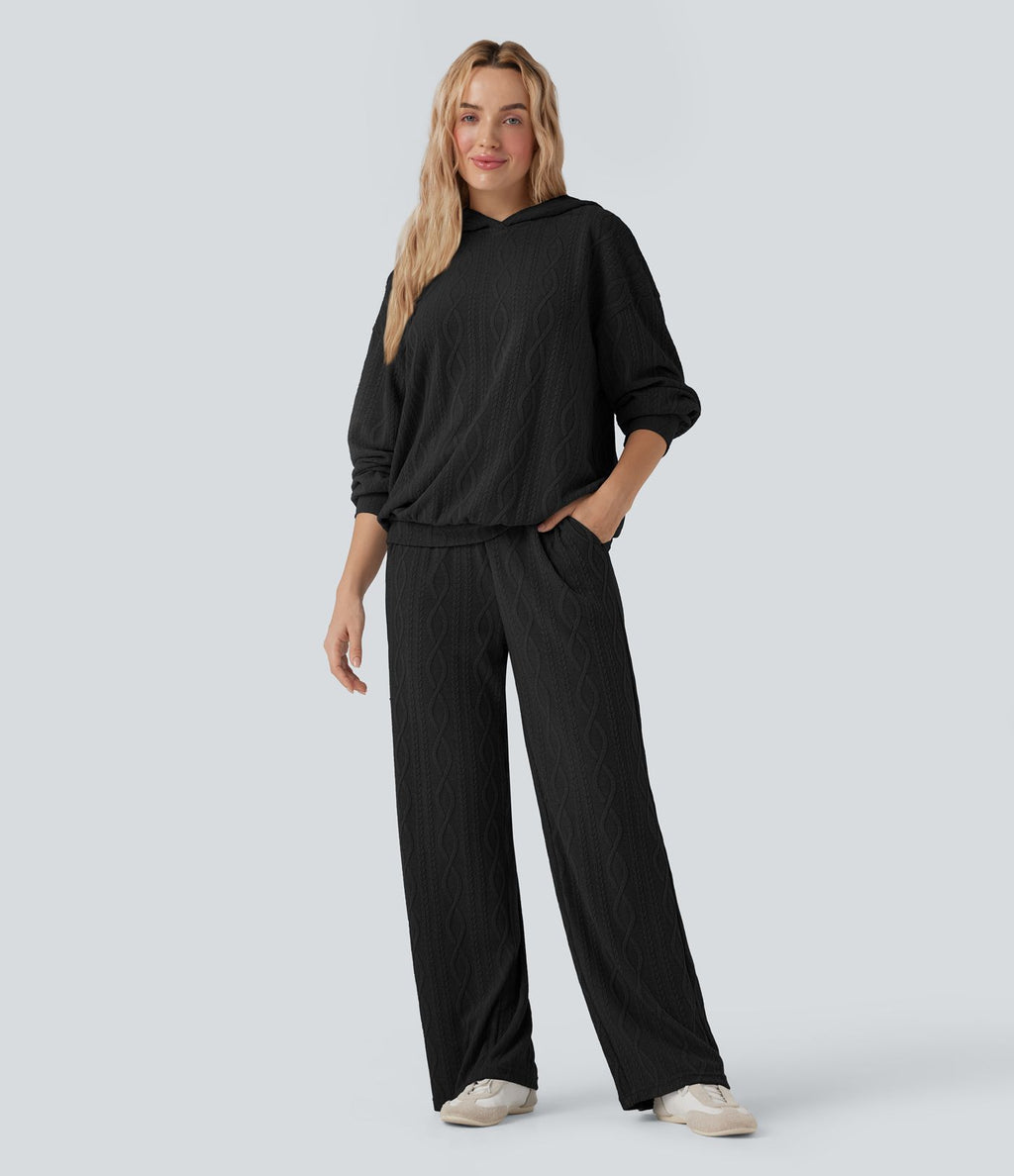 Pantalon décontracté taille haute maille torsadée avec cordon de serrage et poches