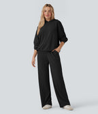 Pantalon décontracté taille haute maille torsadée avec cordon de serrage et poches