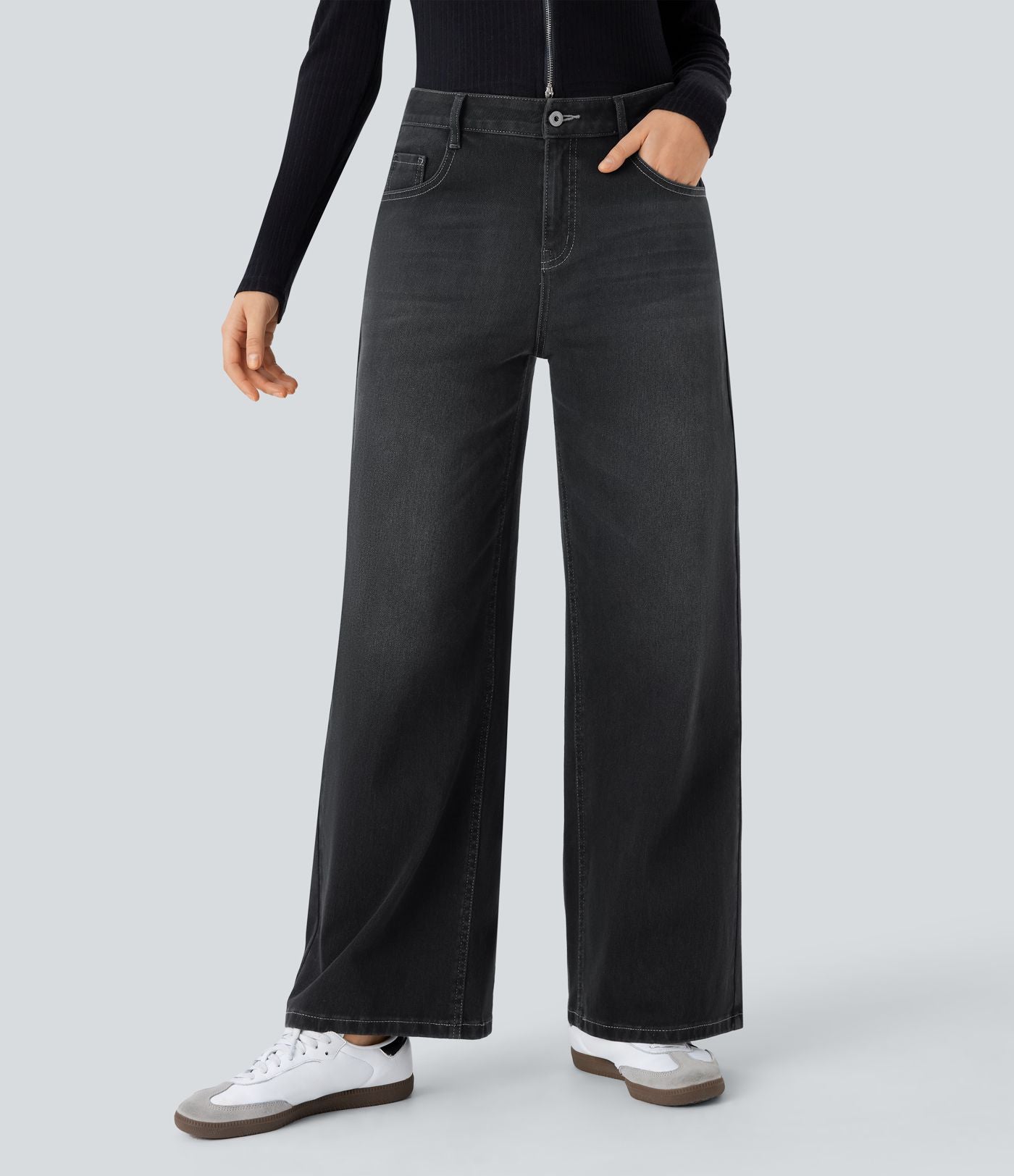 Halara Flex™ Jean Large Casual Taille Basse avec Boutons Zip Multiples Poches Lavés Élastiques et Tricotés