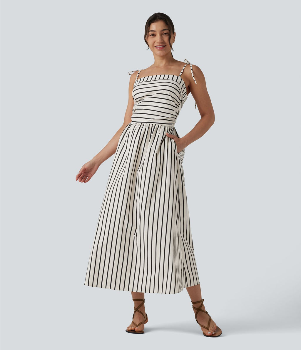 Robe midi rayée bretelles fines avec laçage et poches