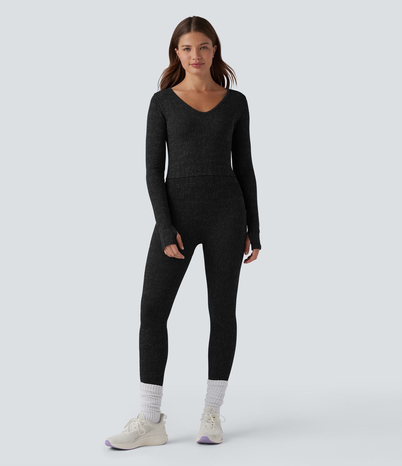 Top de sport yoga court OneForm Seamless Flow col V à manches longues avec passage de pouce