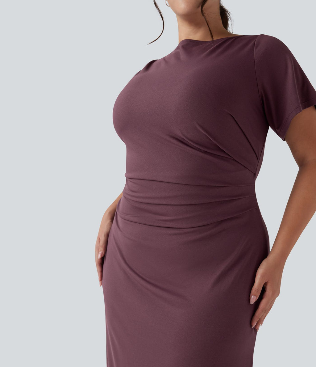 Robe midi grande taille moulante froncée à manches courtes avec fente pour le travail