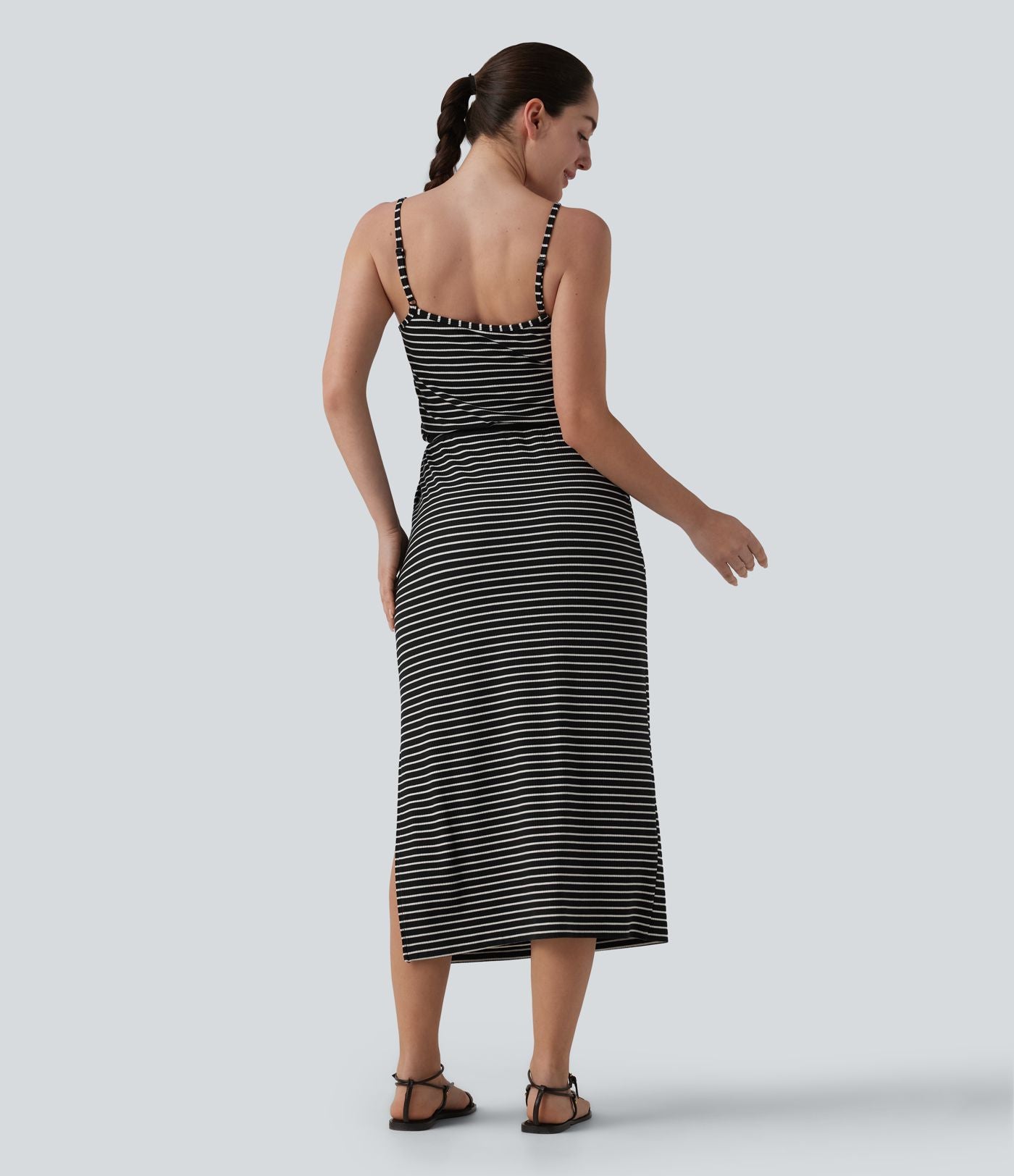 Robe décontractée midi rayée avec brassière intégrée cordon de serrage et poches