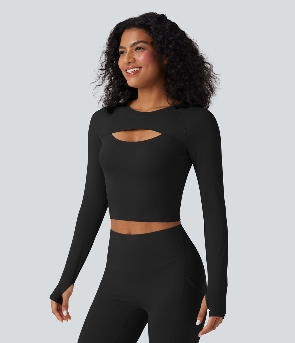 Haut de sport yoga court SoftlyZero™ QuickDry découpes manches longues avec trous pour pouces