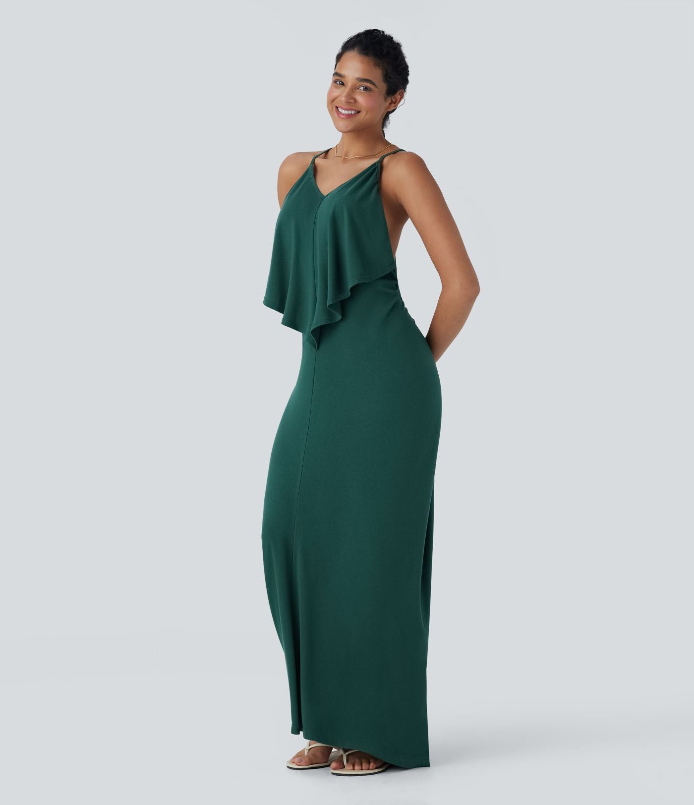 Robe Longue de Vacances avec Col V Dos Nu à Nouer et Fronces
