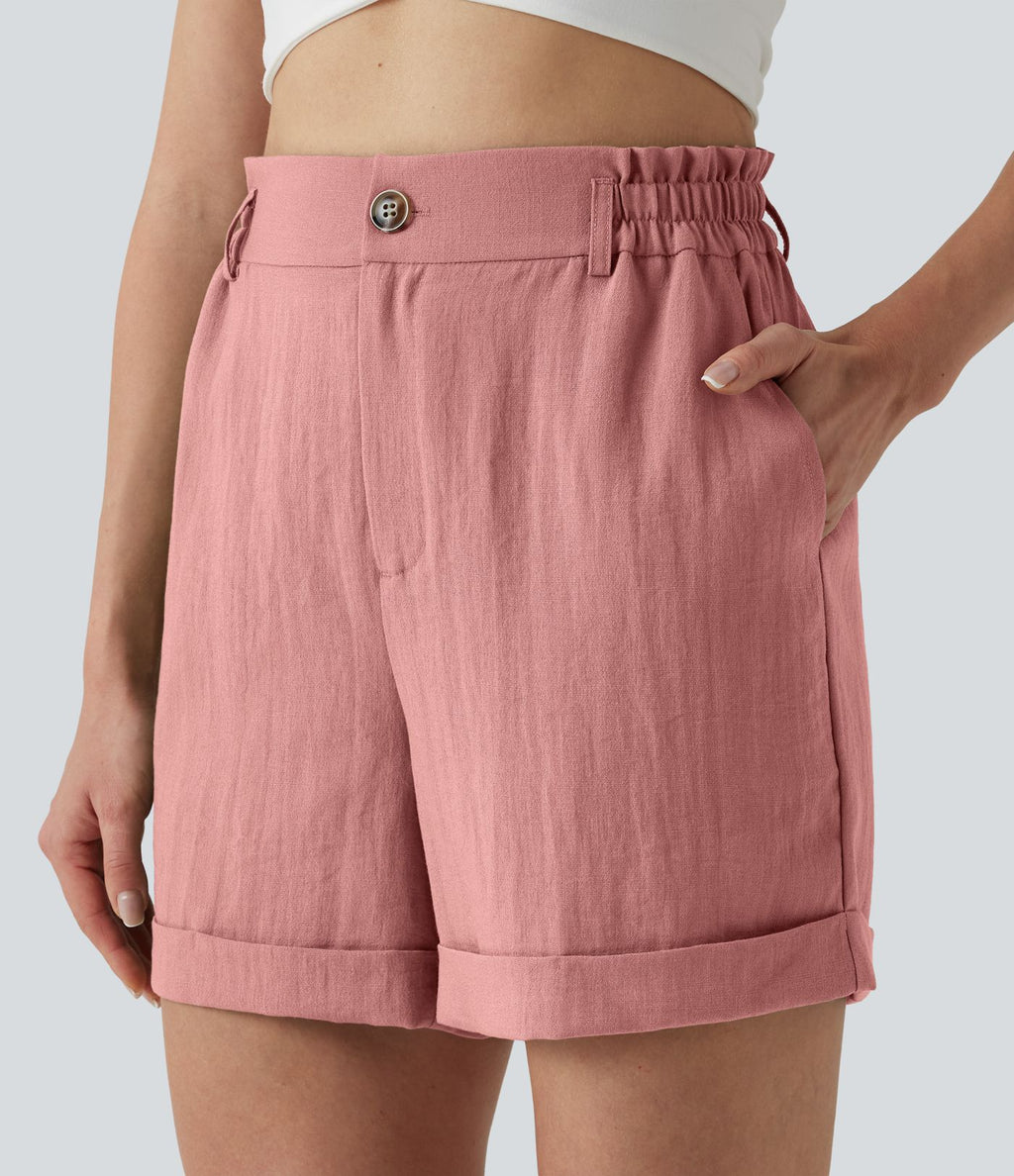 Short resort 12,5 cm taille haute effet lin avec ourlet roulotté et poches
