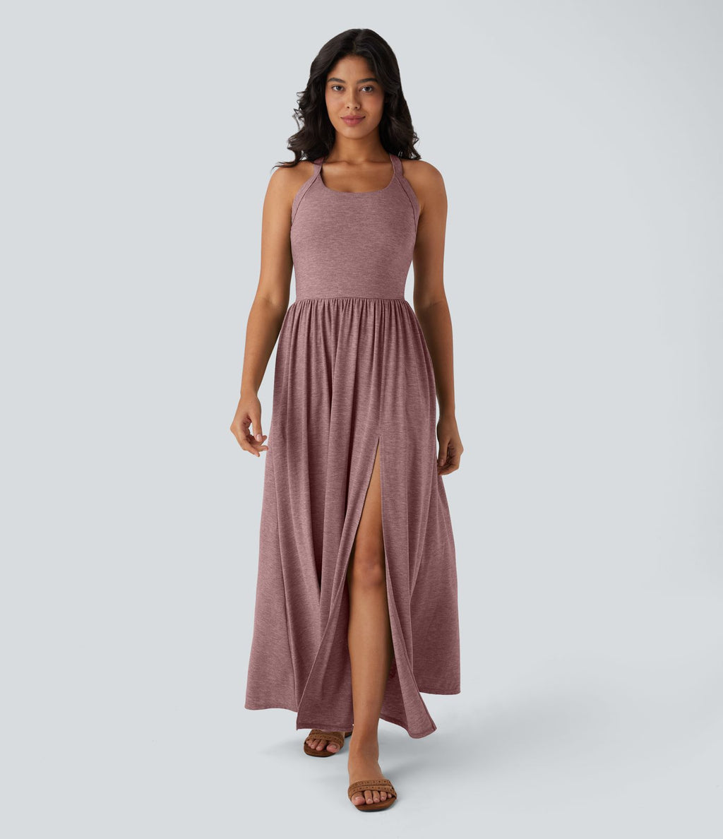 Robe longue fluide fendue avec poches latérales, dos nu et effet torsadé