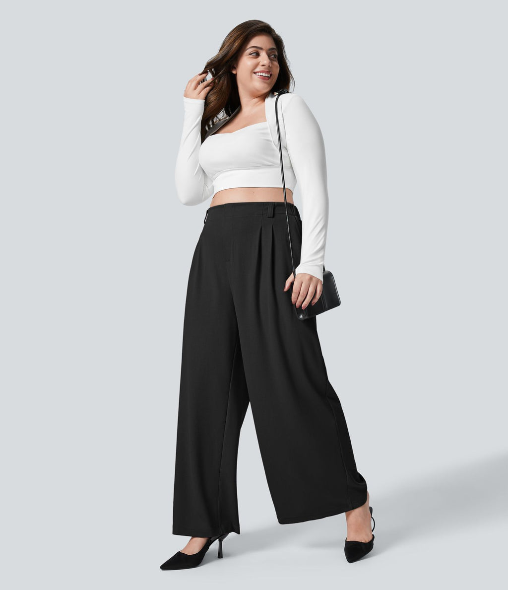 Halara Flex™ Pantalon tailleur Grande taille à Taille Haute, Poches Latérales Plissées, Jambes Larges, en Tissu Gaufré
