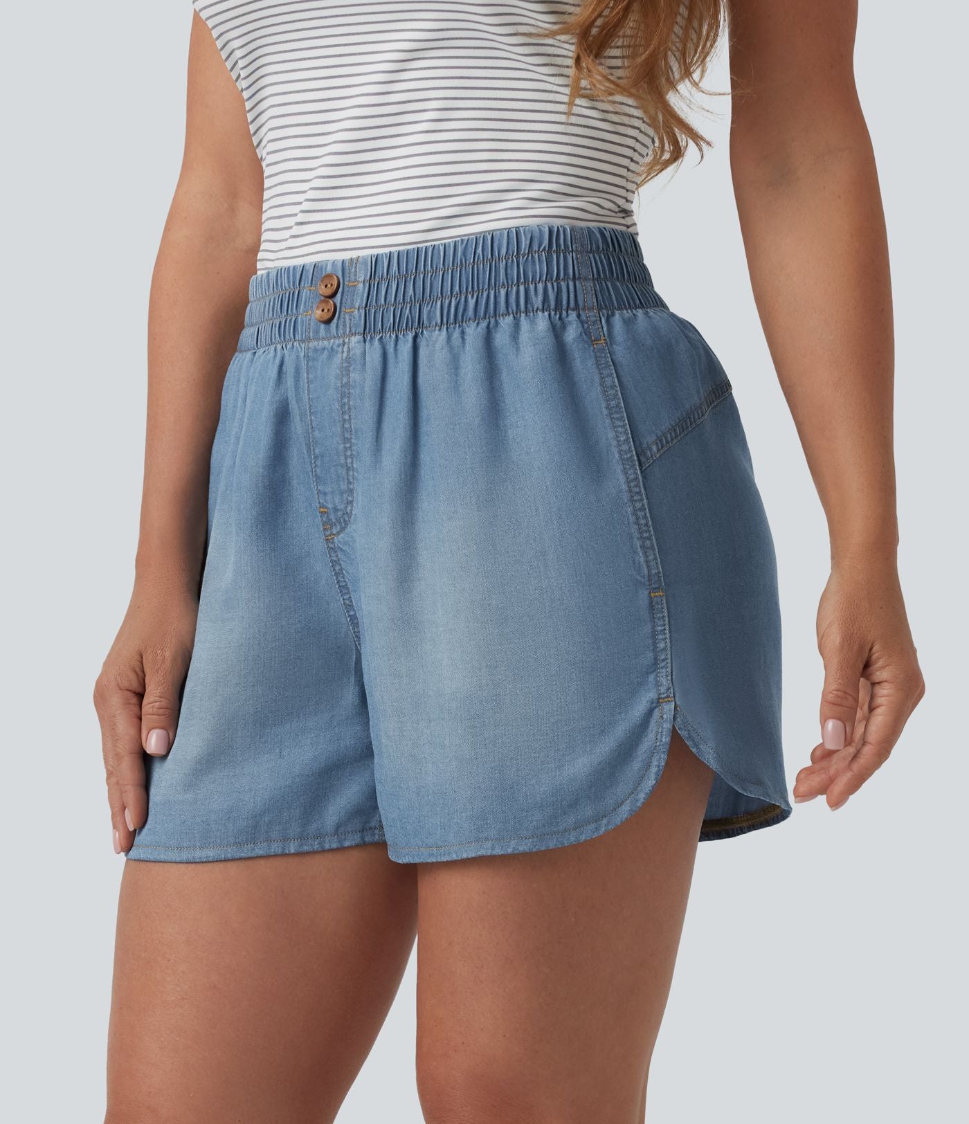 Short en jean décontracté taille mi-haute en lyocell drapé, 9 cm, avec poches