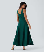 Robe longue à bretelles avec col U, dos nu, fente et coupe fluide