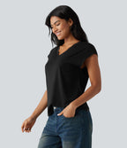 T-shirt décontracté en dentelle col V manches courtes