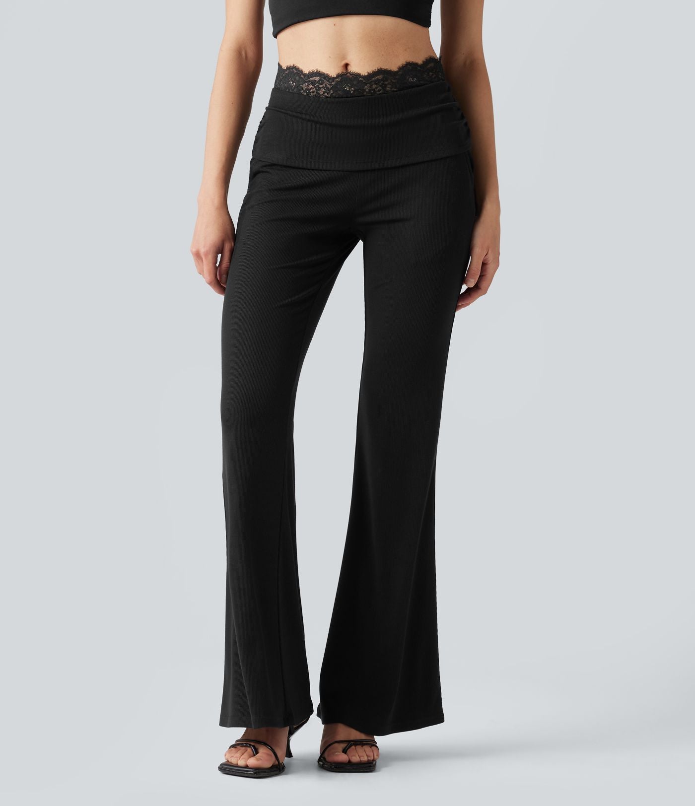 Pantalon décontracté évasé à taille mi-haute en maille côtelée extensible avec poches