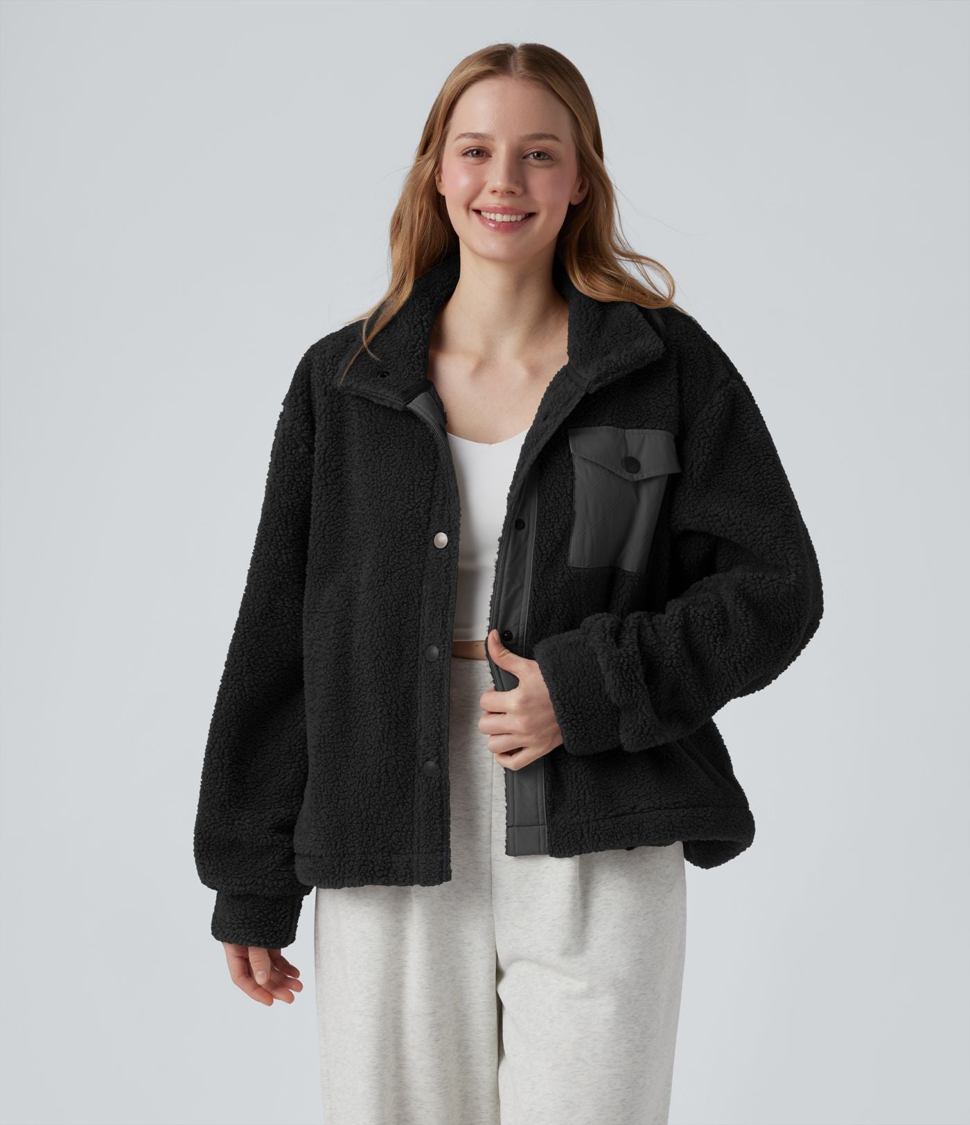 Veste sherpa de randonnée col montant manches longues avec poches