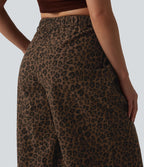 Pantalon large décontracté imprimé léopard taille mi-haute avec poches