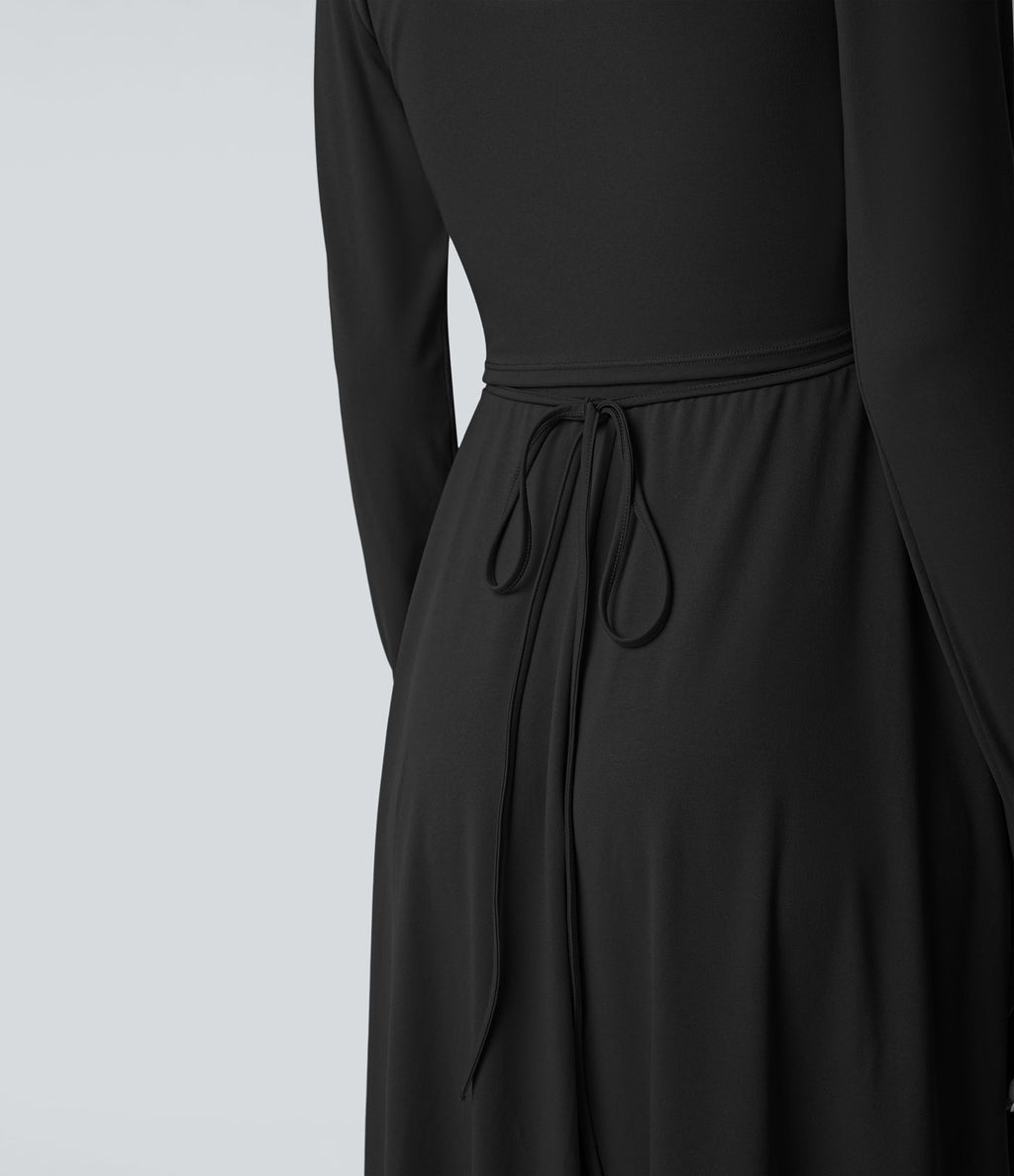 Robe mi-longue deux pièces à manches longues effet cache-cœur avec nœud au dos et poches