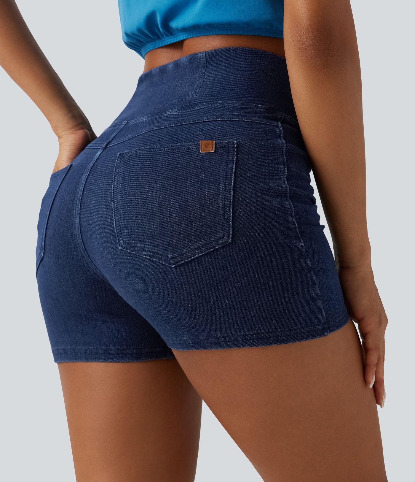 Halara Flex™  Shorts 7,5cm Denim Casual Taille Haute Poches Latérales Croisées en Maille Extensible