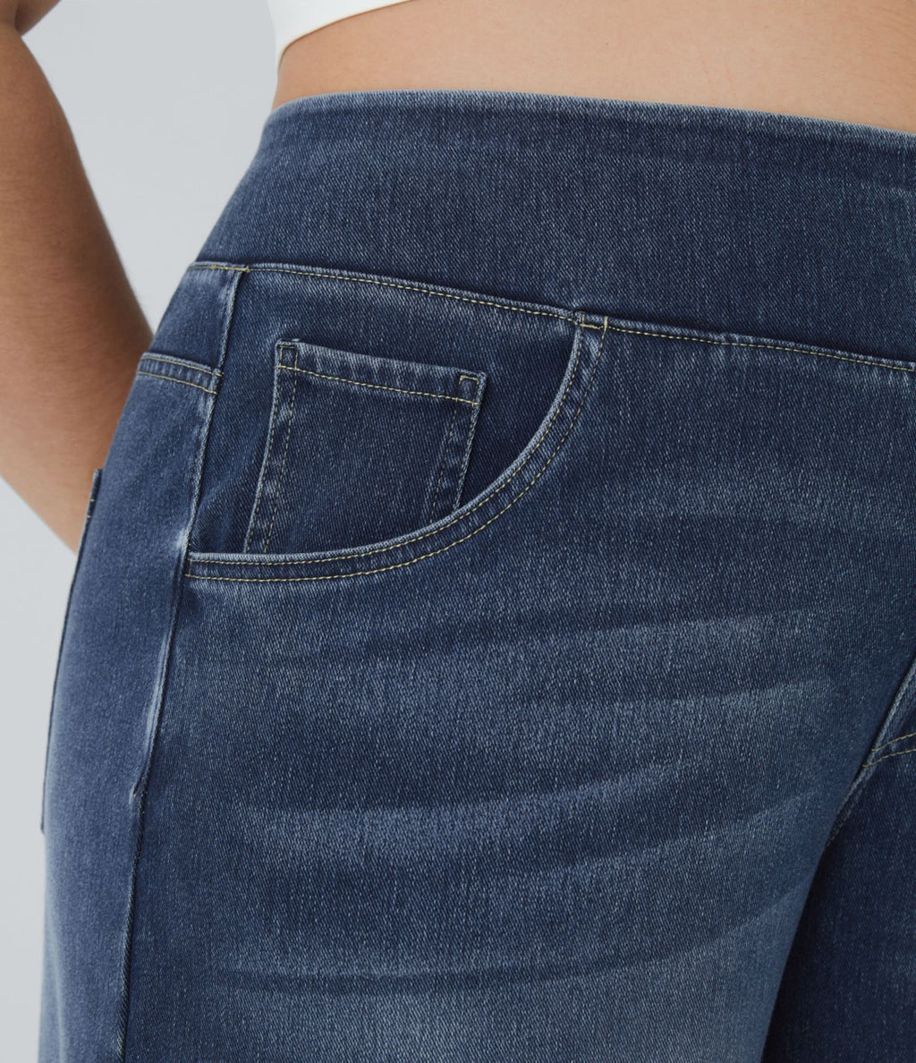 Halara Flex™ Jeans Larges Casual Taille Haute Multiples Poches Lavés Élastiques et Tricotés Grande Taille