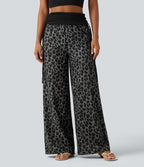 Pantalon baggy casual à imprimé léopard taille haute à revers avec fronces, cordon et poches
