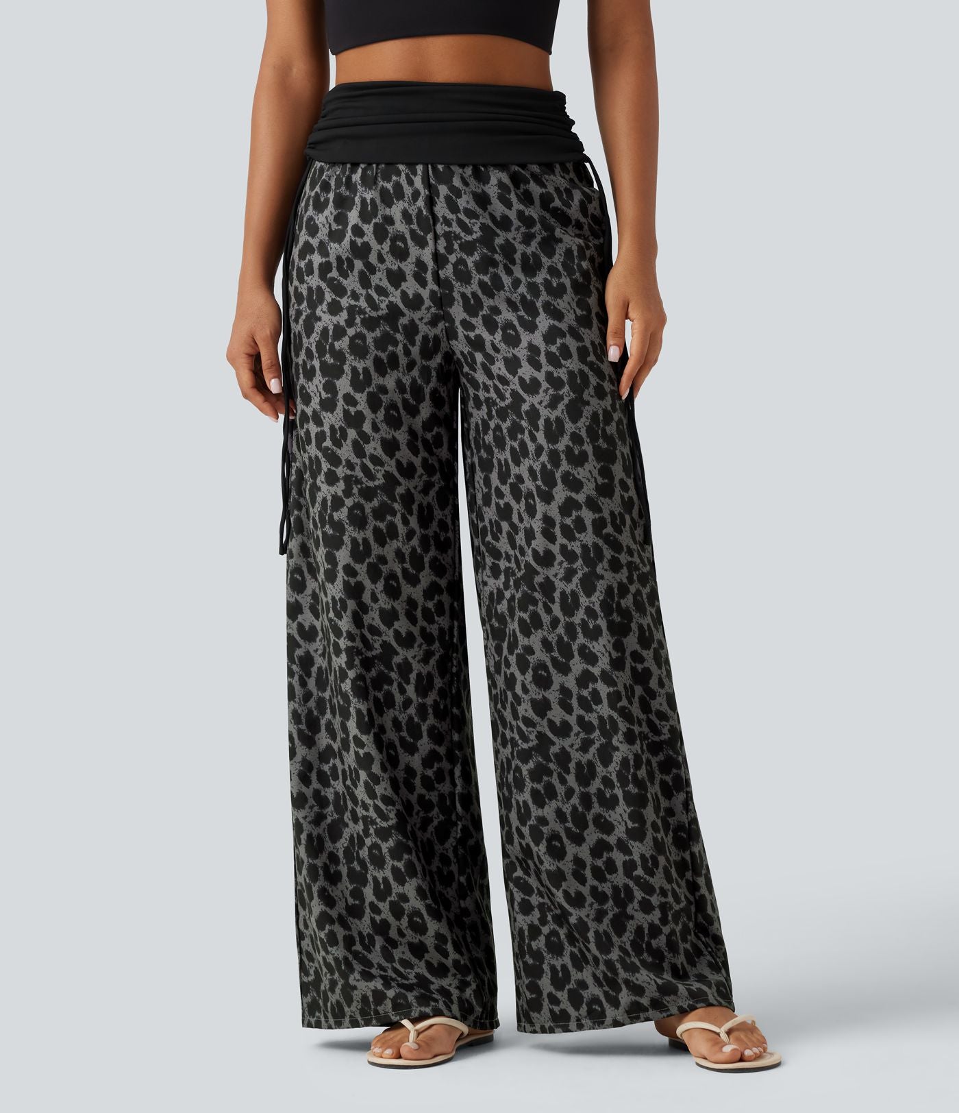 Pantalon baggy casual à imprimé léopard taille haute à revers avec fronces, cordon et poches