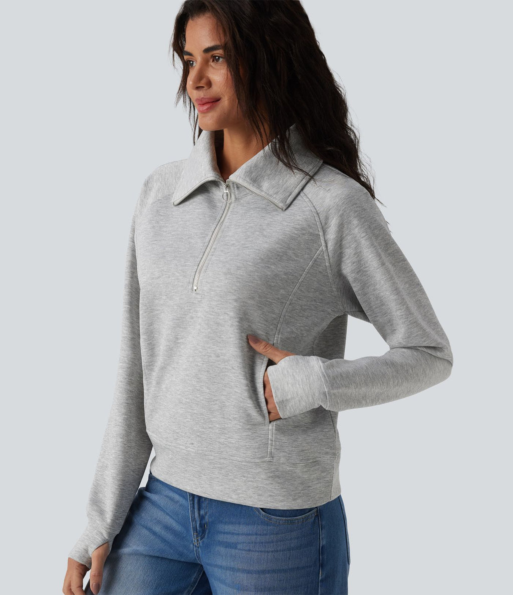 Sweat-shirt décontracté col revers demi-zip manches longues avec trous pour pouces et poches