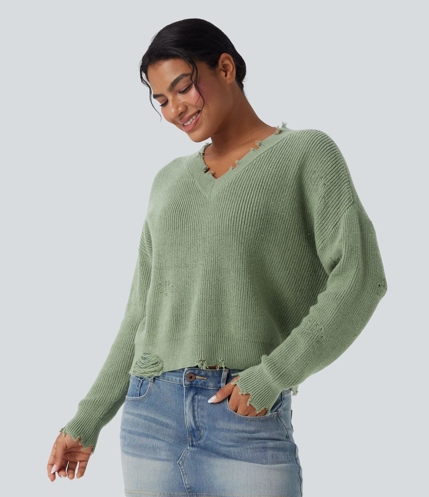 Pull casual col V délavé manches longues
