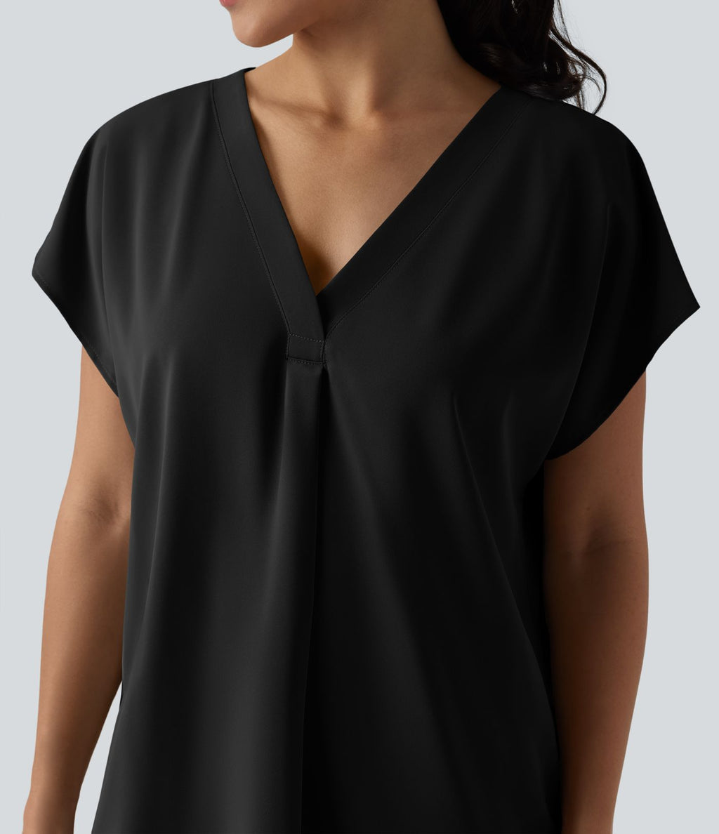 Blouse esprit bureau oversize défroissage facile, col V et manches courtes