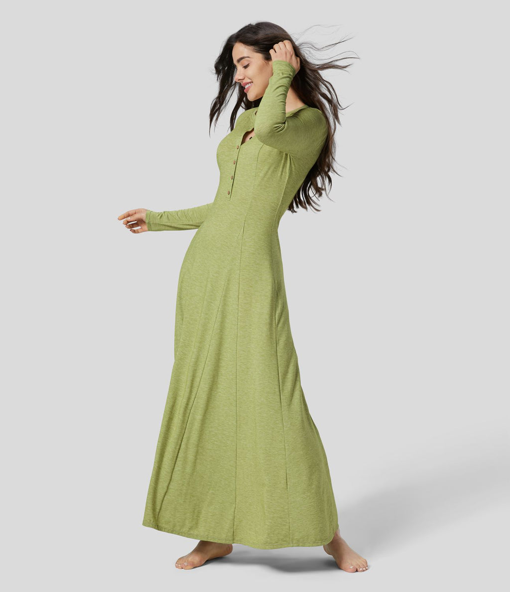 Robe de Casual Maxi Manches Longues Évasées et Boutons au Col Rond