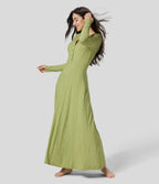 Robe de Casual Maxi Manches Longues Évasées et Boutons au Col Rond