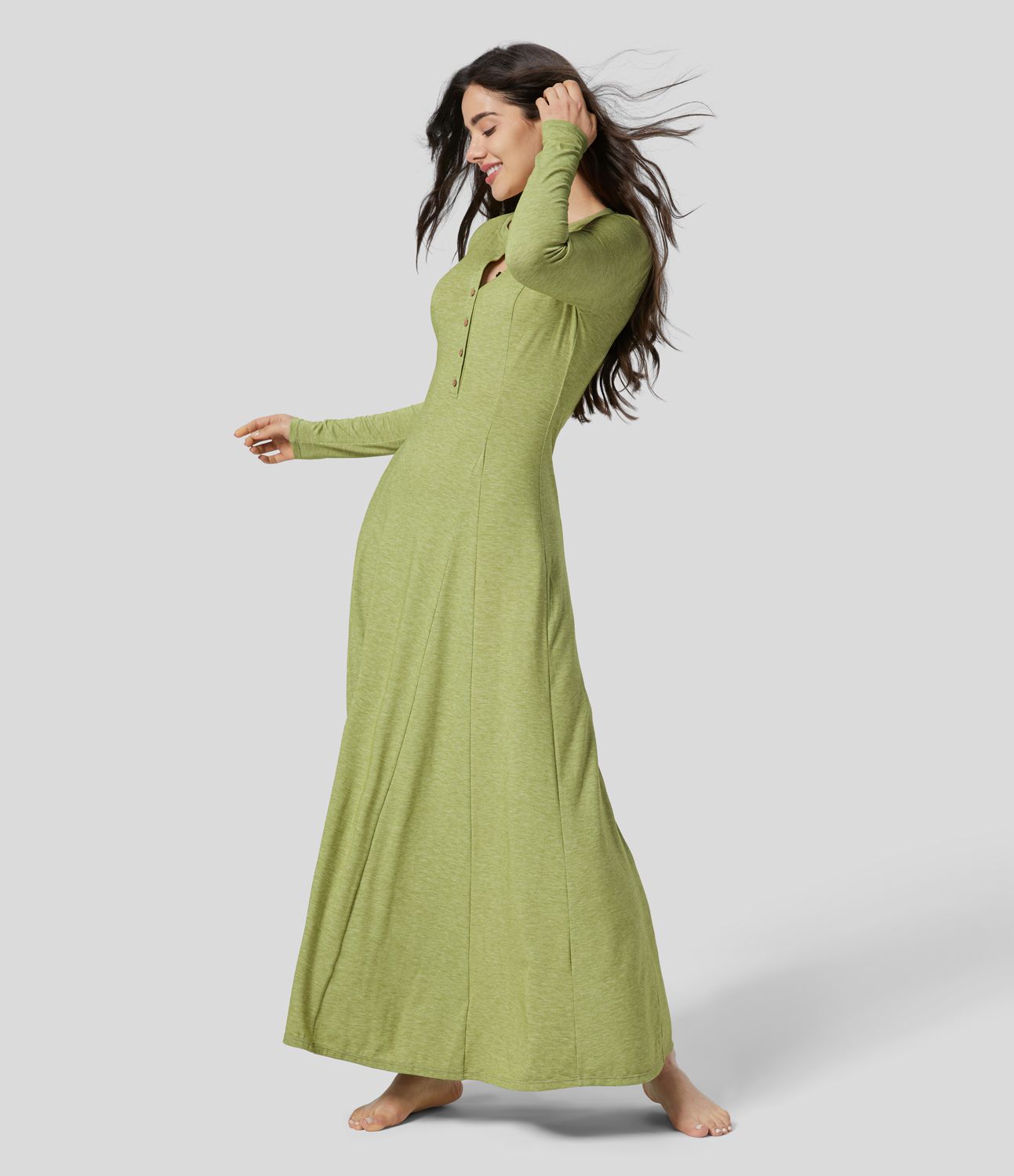 Robe de Casual Maxi Manches Longues Évasées et Boutons au Col Rond