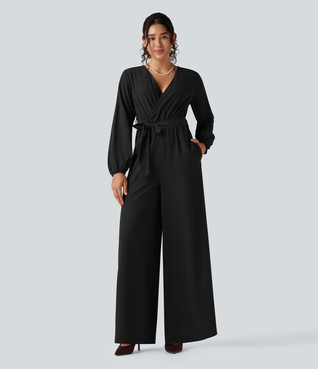 Combinaison pantalon de soirée large à décolleté en V, manches longues bouffantes, ceinture et poches