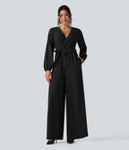 Combinaison pantalon de soirée large à décolleté en V, manches longues bouffantes, ceinture et poches