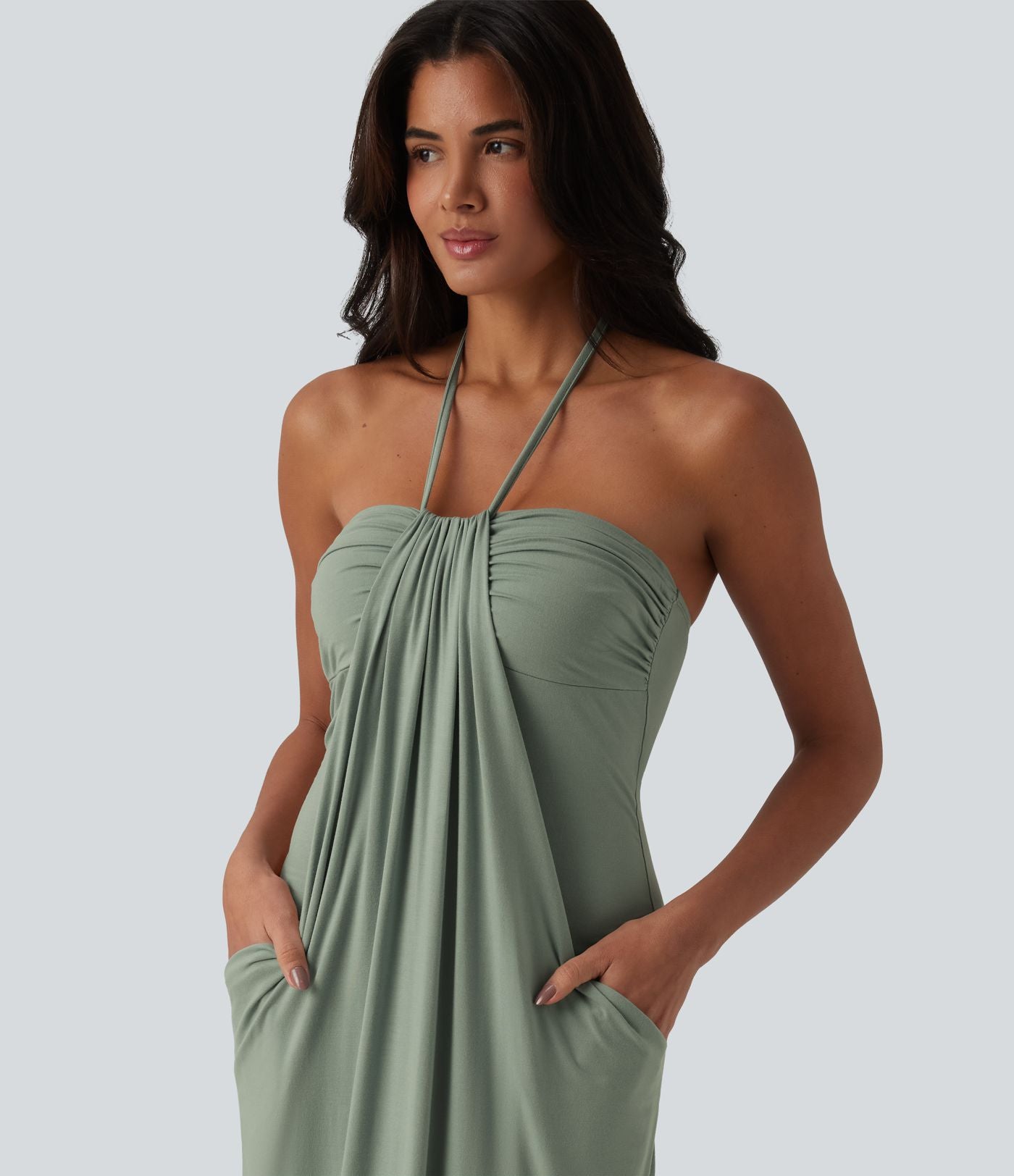 Robe longue dos nu col licou avec nœud et poches